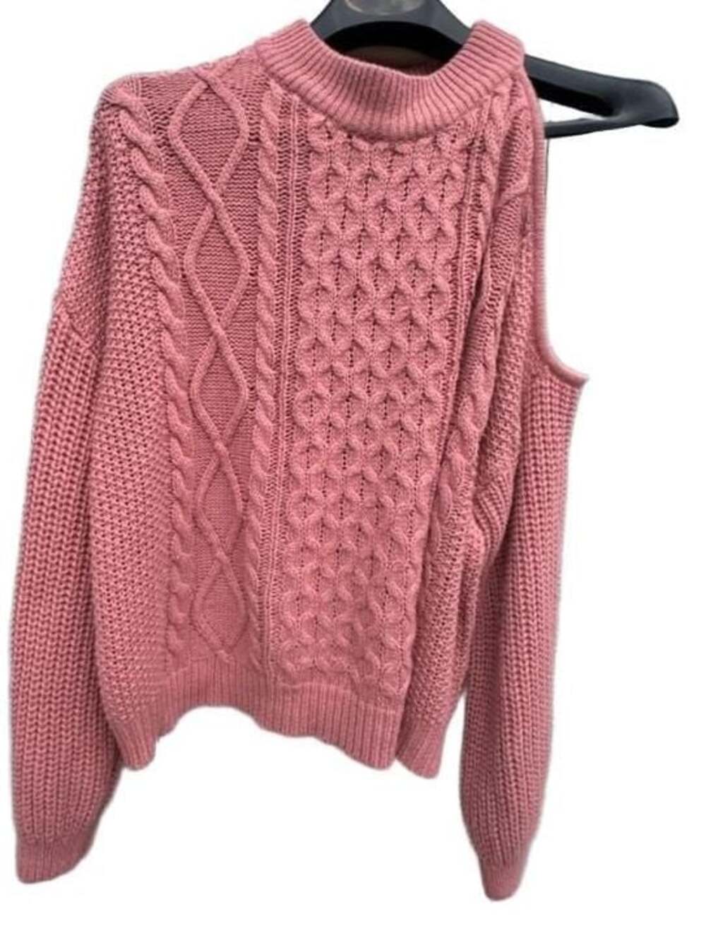 Full Circle Trends Pink Cold Shoulder Cable Knit Mock Neck Sweater